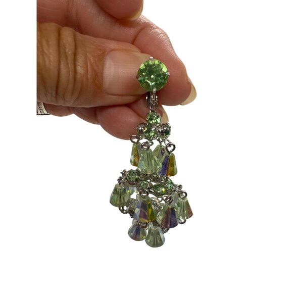 Vintage Hattie Carnegie Earrings Signed Green Aurora Borealis Chandelier ClipOn - Picture 2 of 10